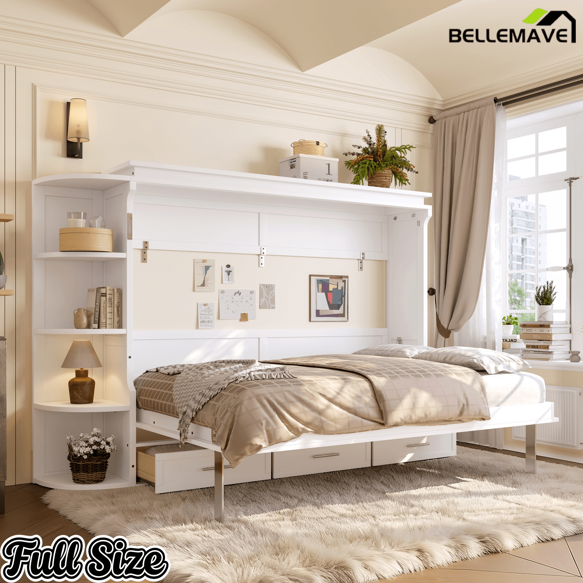 Bellemave® Murphy Bed with Cabinet, Shelf & Drawers – Horizontal Wall Bed Frame with Slats, No Box Spring, Easy Assembly - Bellemave