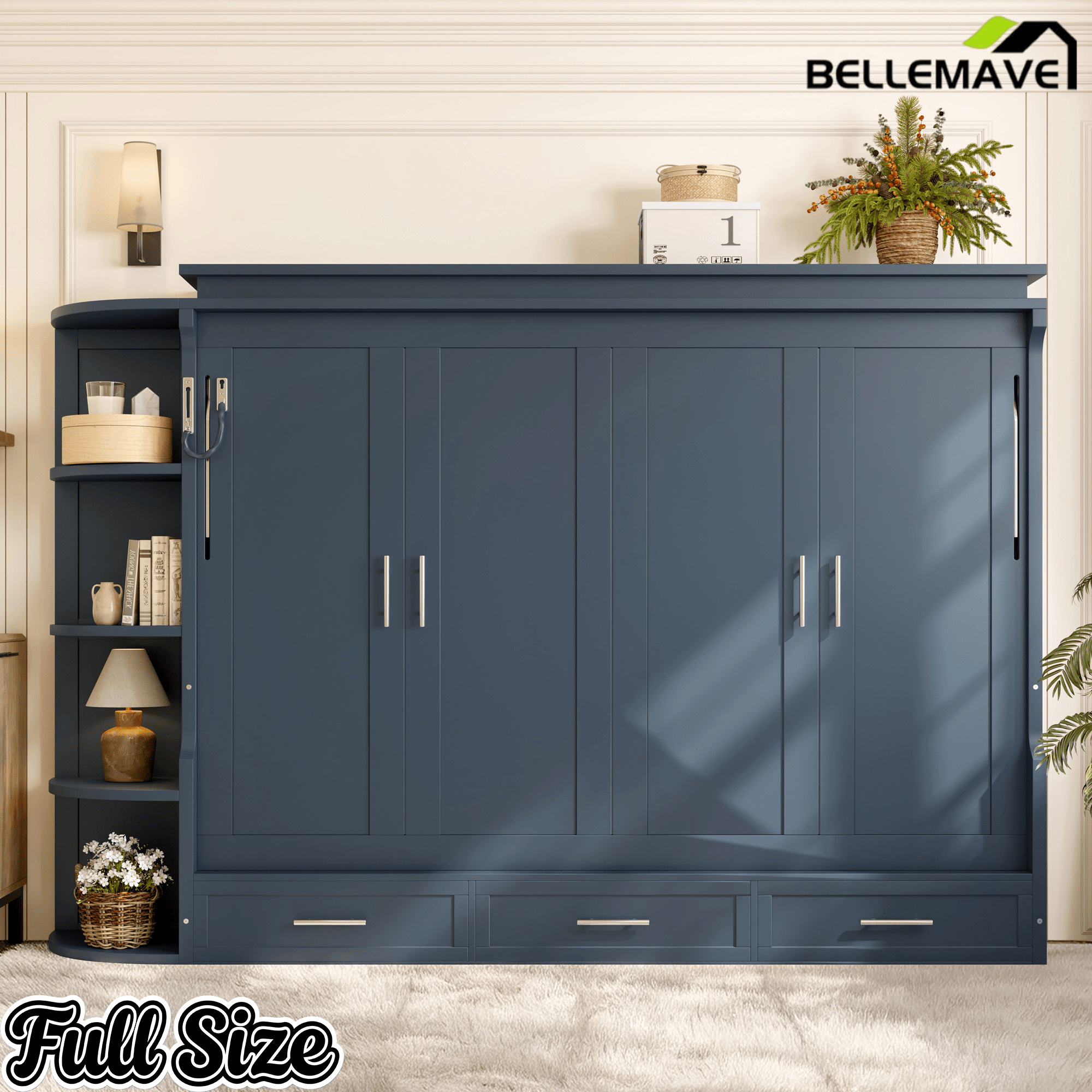 Bellemave® Murphy Bed with Cabinet, Shelf & Drawers – Horizontal Wall Bed Frame with Slats, No Box Spring, Easy Assembly - Bellemave