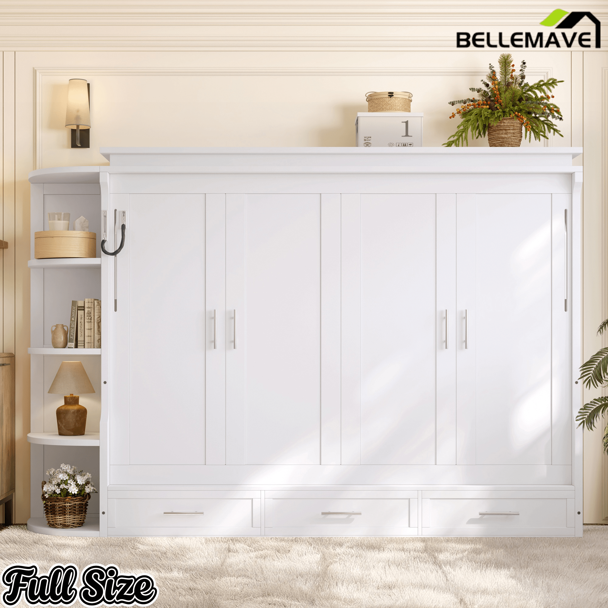 Bellemave® Murphy Bed with Cabinet, Shelf & Drawers – Horizontal Wall Bed Frame with Slats, No Box Spring, Easy Assembly - Bellemave