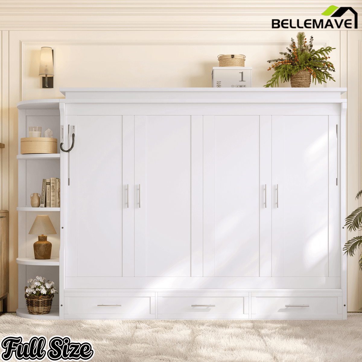 Bellemave® Murphy Bed with Cabinet, Shelf & Drawers – Horizontal Wall Bed Frame with Slats, No Box Spring, Easy Assembly - Bellemave