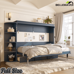 Bellemave® Murphy Bed with Cabinet, Shelf & Drawers – Horizontal Wall Bed Frame with Slats, No Box Spring, Easy Assembly - Bellemave