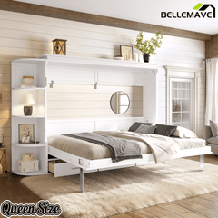 Bellemave® Murphy Bed with Cabinet, Shelf & Drawers – Horizontal Wall Bed Frame with Slats, No Box Spring, Easy Assembly - Bellemave