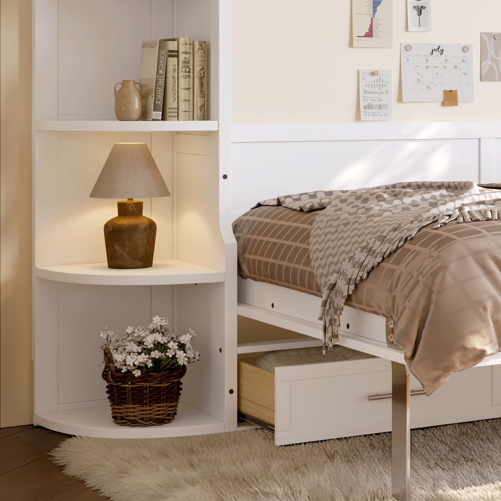 Bellemave® Murphy Bed with Cabinet, Shelf & Drawers – Horizontal Wall Bed Frame with Slats, No Box Spring, Easy Assembly - Bellemave