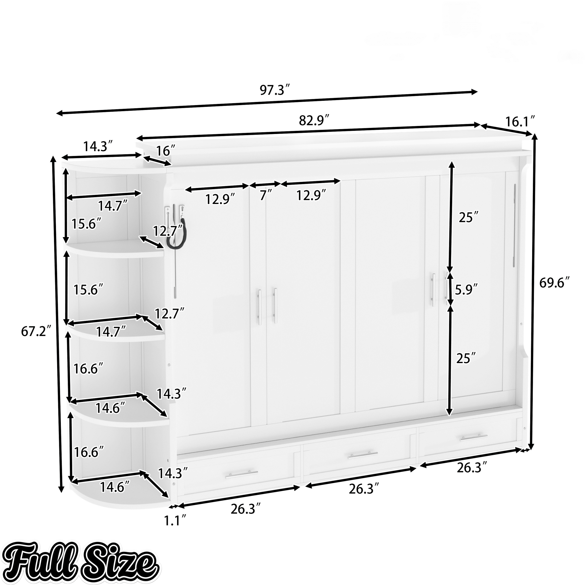 Bellemave® Murphy Bed with Cabinet, Shelf & Drawers – Horizontal Wall Bed Frame with Slats, No Box Spring, Easy Assembly - Bellemave
