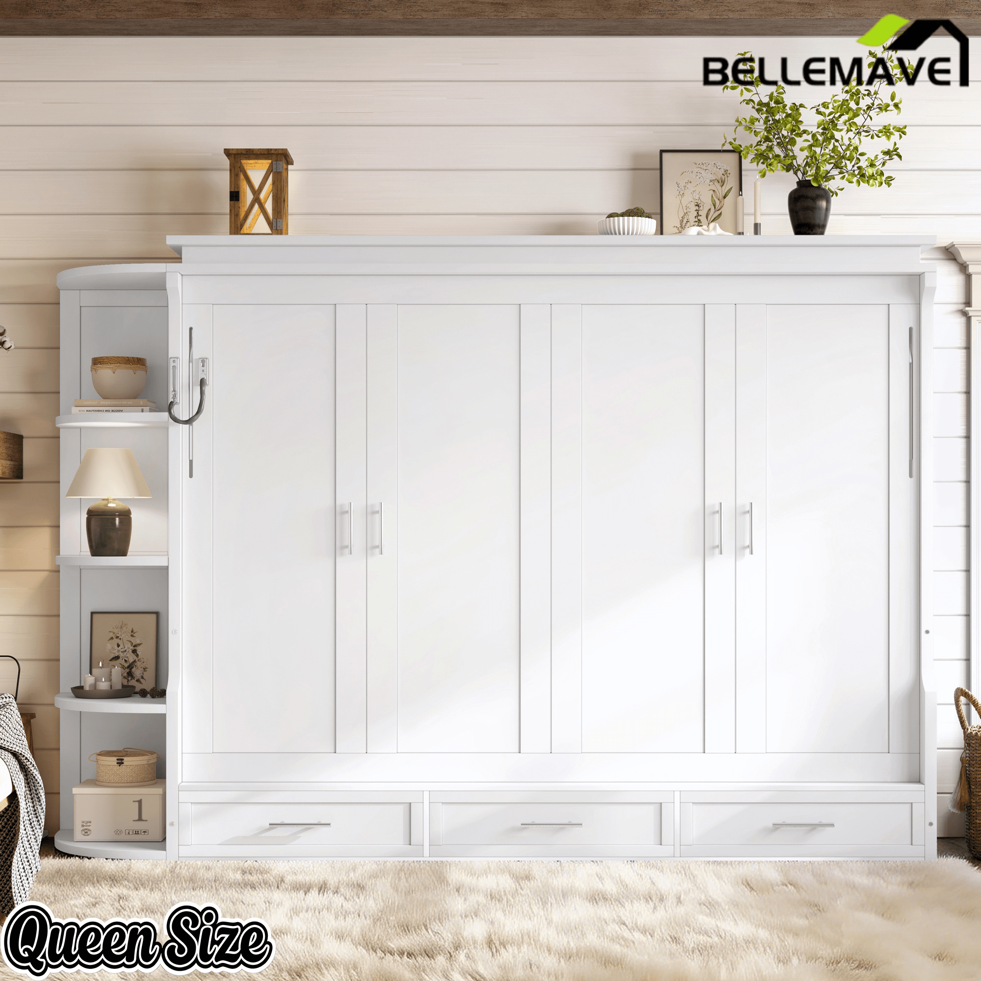 Bellemave® Murphy Bed with Cabinet, Shelf & Drawers – Horizontal Wall Bed Frame with Slats, No Box Spring, Easy Assembly - Bellemave