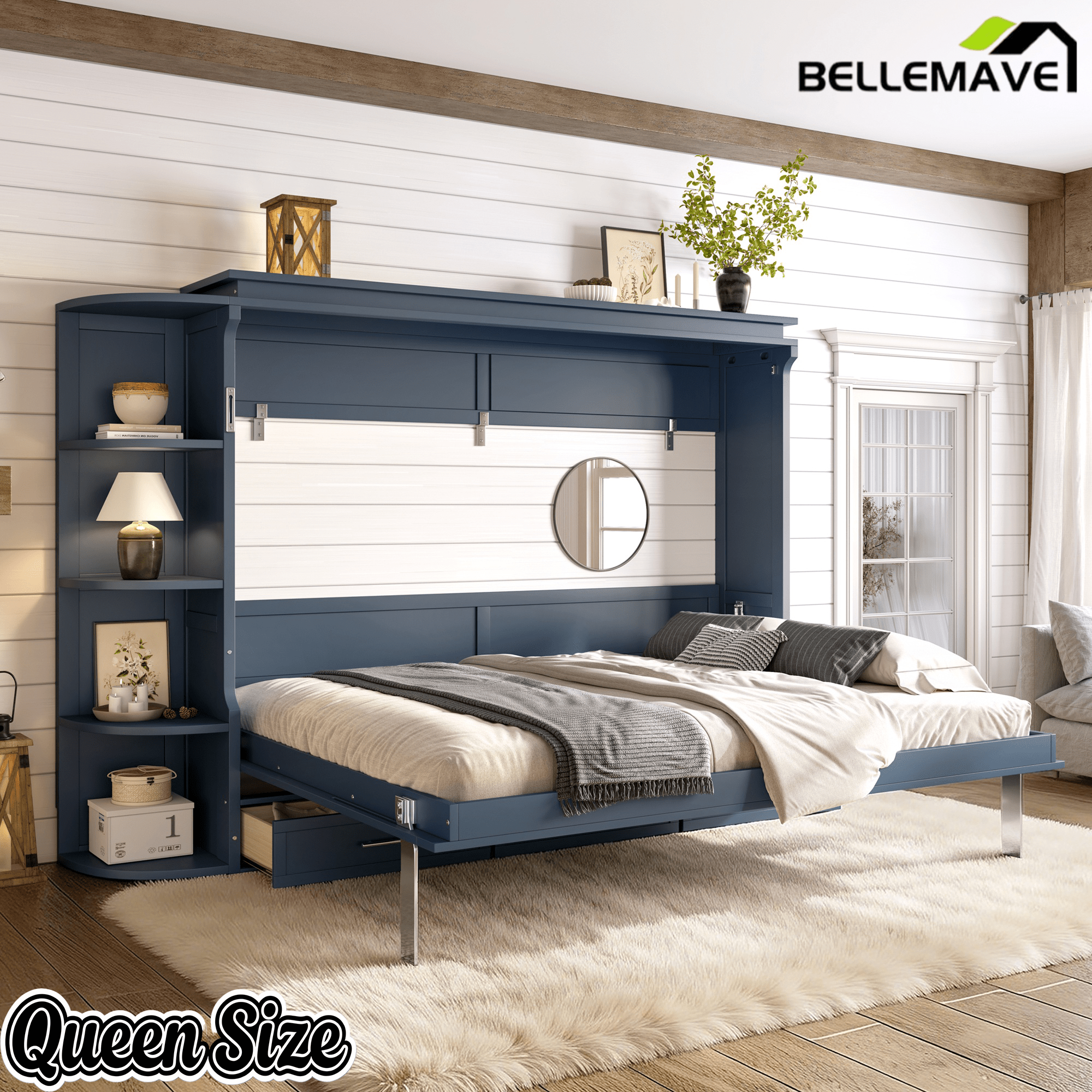 Bellemave® Murphy Bed with Cabinet, Shelf & Drawers – Horizontal Wall Bed Frame with Slats, No Box Spring, Easy Assembly - Bellemave