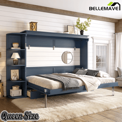 Bellemave® Murphy Bed with Cabinet, Shelf & Drawers – Horizontal Wall Bed Frame with Slats, No Box Spring, Easy Assembly - Bellemave