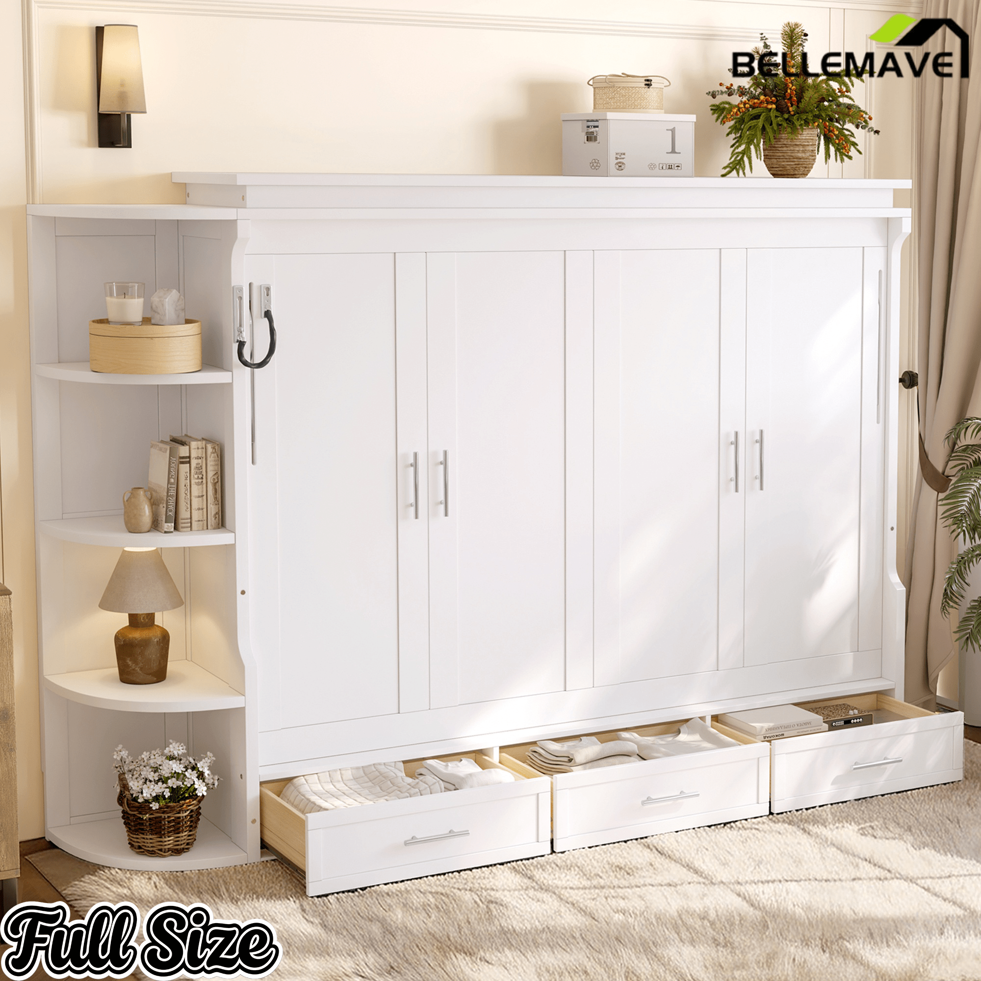 Bellemave® Murphy Bed with Cabinet, Shelf & Drawers – Horizontal Wall Bed Frame with Slats, No Box Spring, Easy Assembly - Bellemave