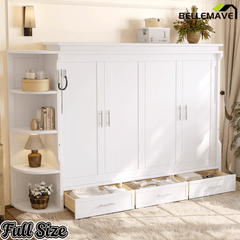 Bellemave® Murphy Bed with Cabinet, Shelf & Drawers – Horizontal Wall Bed Frame with Slats, No Box Spring, Easy Assembly - Bellemave