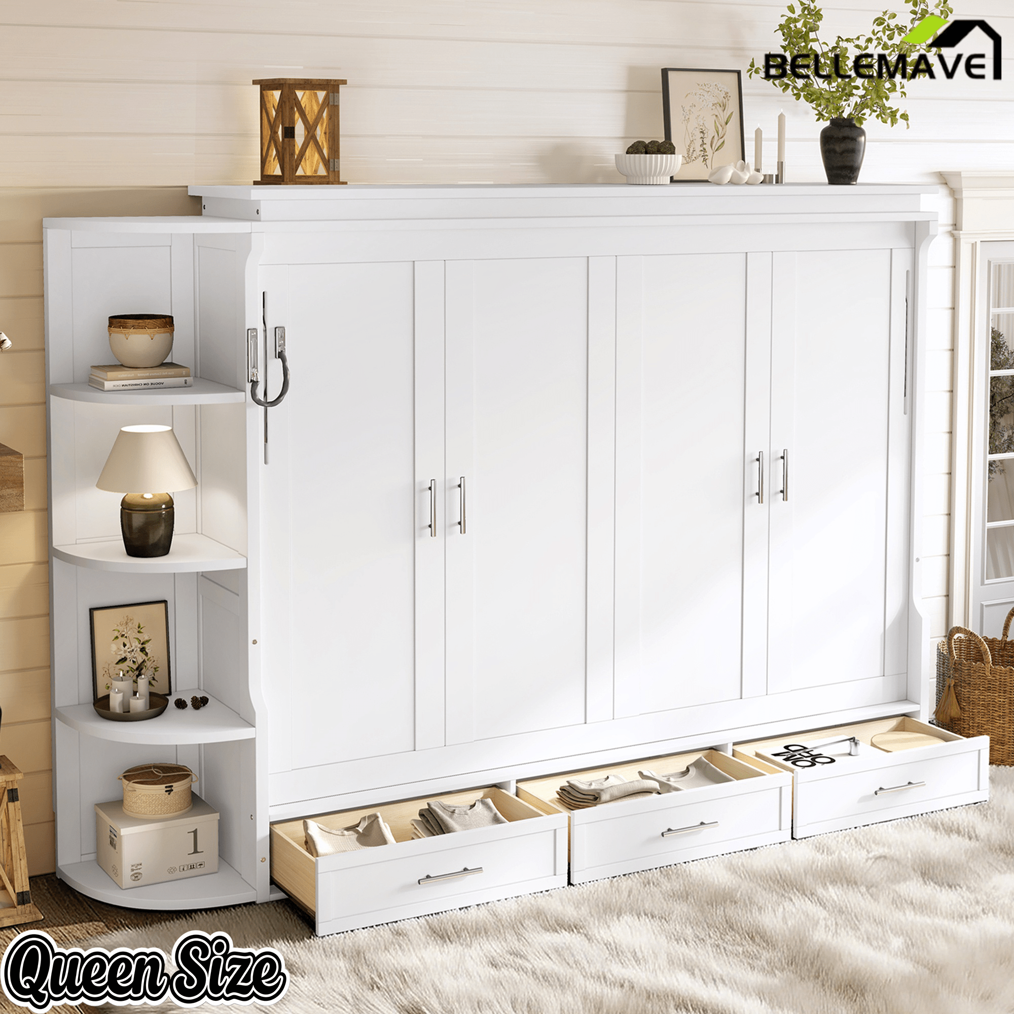 Bellemave® Murphy Bed with Cabinet, Shelf & Drawers – Horizontal Wall Bed Frame with Slats, No Box Spring, Easy Assembly - Bellemave