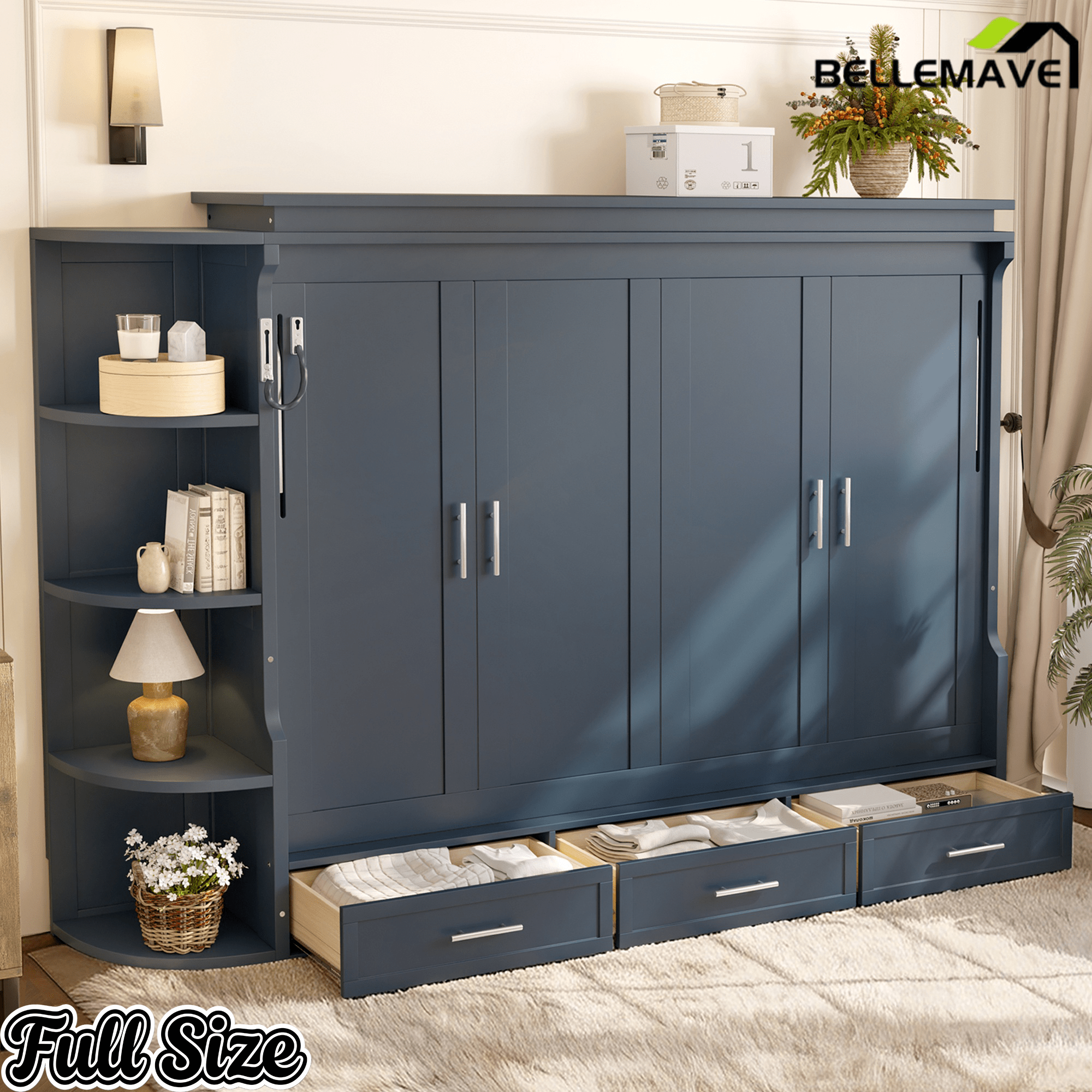 Bellemave® Murphy Bed with Cabinet, Shelf & Drawers – Horizontal Wall Bed Frame with Slats, No Box Spring, Easy Assembly - Bellemave