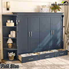 Bellemave® Murphy Bed with Cabinet, Shelf & Drawers – Horizontal Wall Bed Frame with Slats, No Box Spring, Easy Assembly - Bellemave