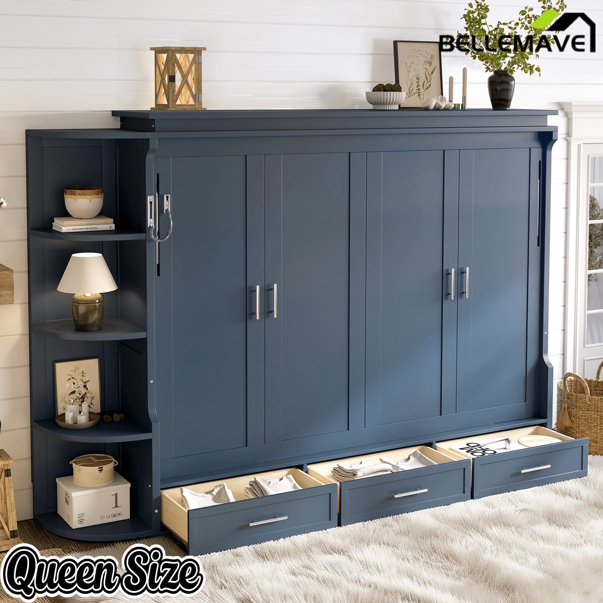 Bellemave® Murphy Bed with Cabinet, Shelf & Drawers – Horizontal Wall Bed Frame with Slats, No Box Spring, Easy Assembly - Bellemave