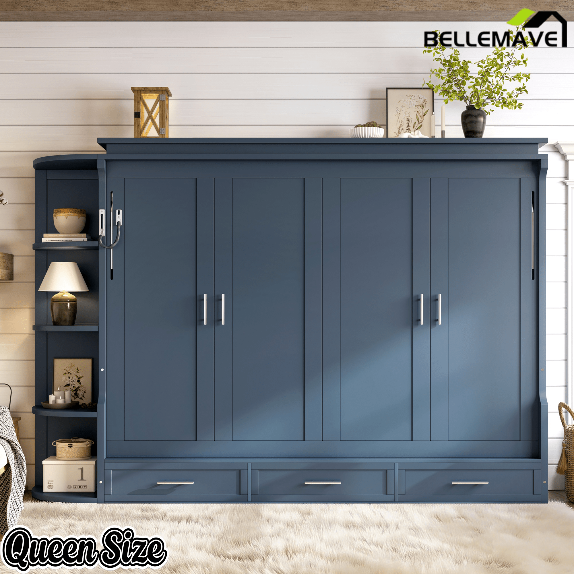 Bellemave® Murphy Bed with Cabinet, Shelf & Drawers – Horizontal Wall Bed Frame with Slats, No Box Spring, Easy Assembly - Bellemave