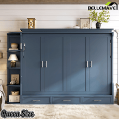 Bellemave® Murphy Bed with Cabinet, Shelf & Drawers – Horizontal Wall Bed Frame with Slats, No Box Spring, Easy Assembly - Bellemave