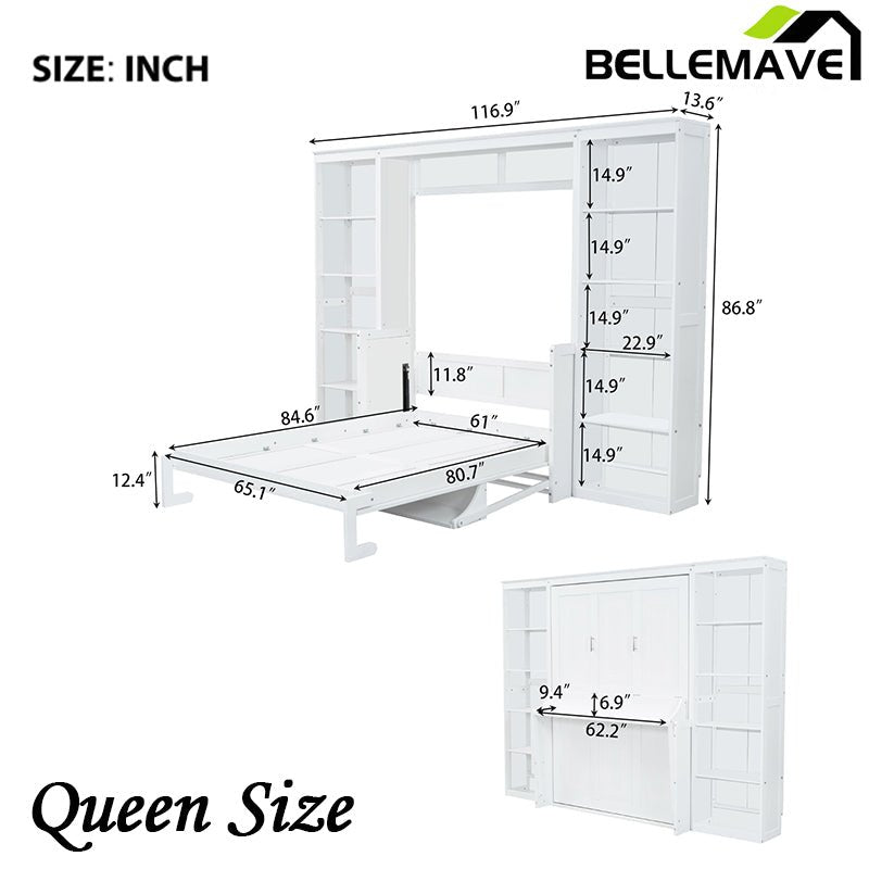 Bellemave® Murphy Bed with Desk and Bookshelf - Bellemave