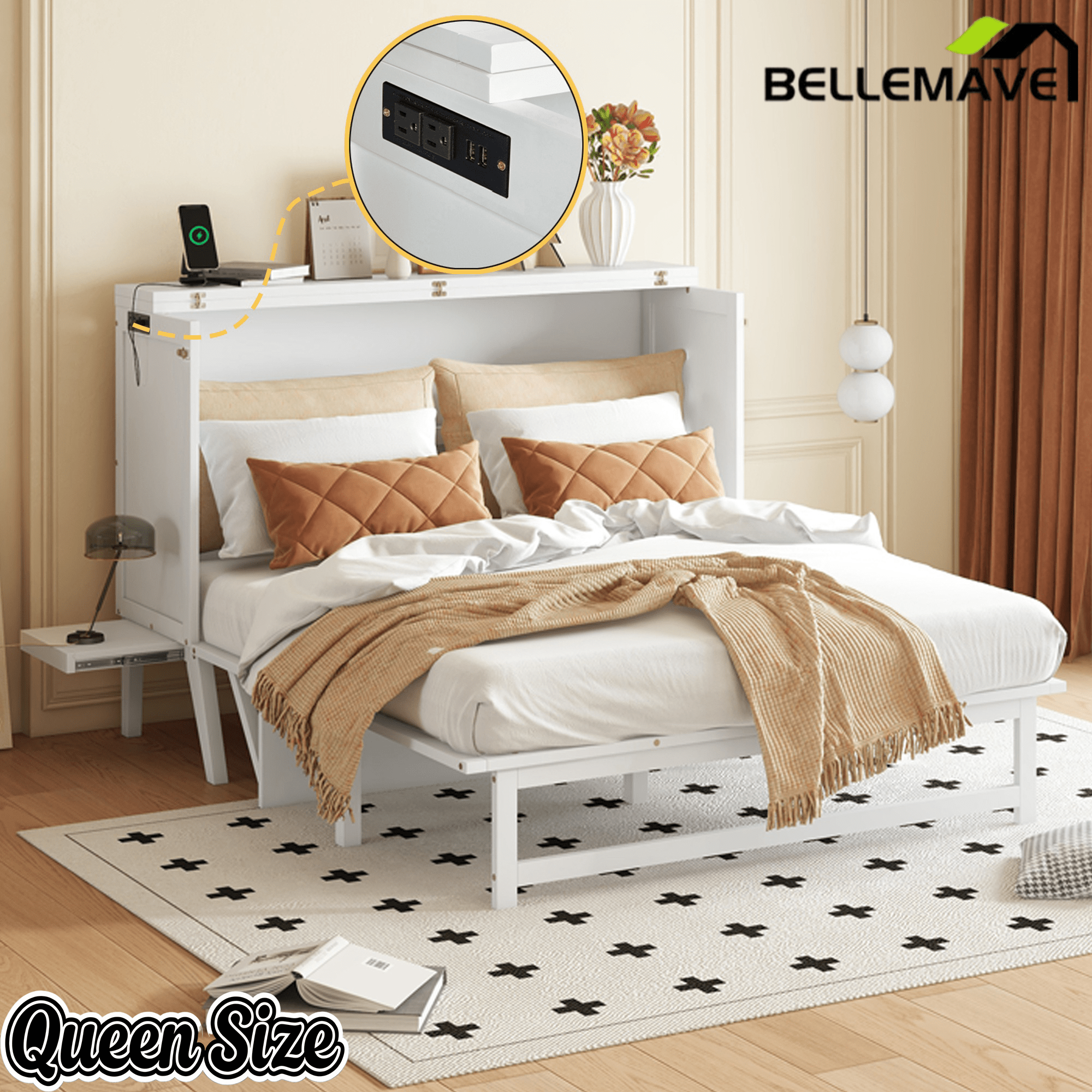 Bellemave® Murphy Bed with USB Port and Desk, Platform Bed with Removable Shelves on Each Side, Wood Frame - Bellemave
