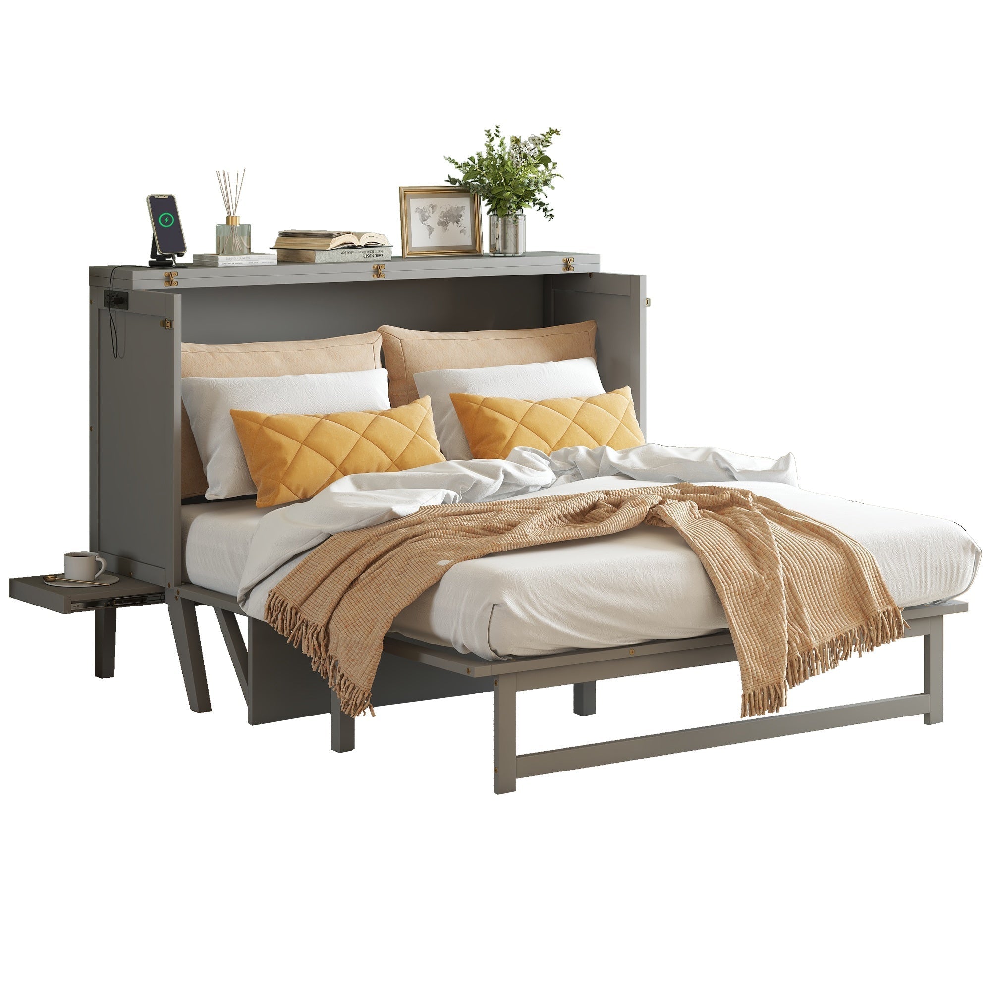 Bellemave® Murphy Bed with USB Port and Desk, Platform Bed with Removable Shelves on Each Side, Wood Frame - Bellemave
