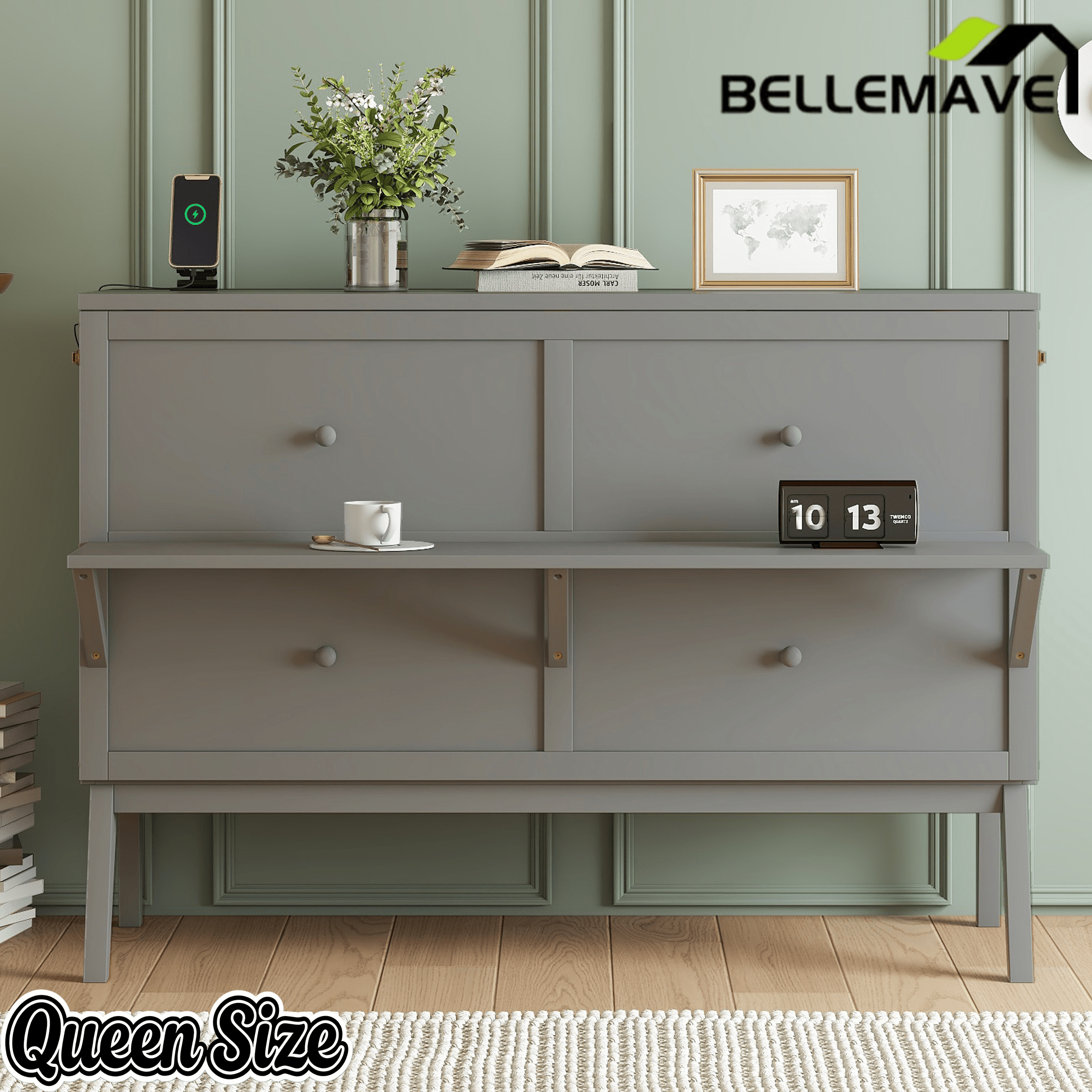 Bellemave® Murphy Bed with USB Port and Desk, Platform Bed with Removable Shelves on Each Side, Wood Frame - Bellemave