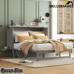 Bellemave® Murphy Bed with USB Port and Desk, Platform Bed with Removable Shelves on Each Side, Wood Frame - Bellemave