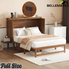 Bellemave® Murphy Bed with USB Port and Desk, Platform Bed with Removable Shelves on Each Side, Wood Frame - Bellemave