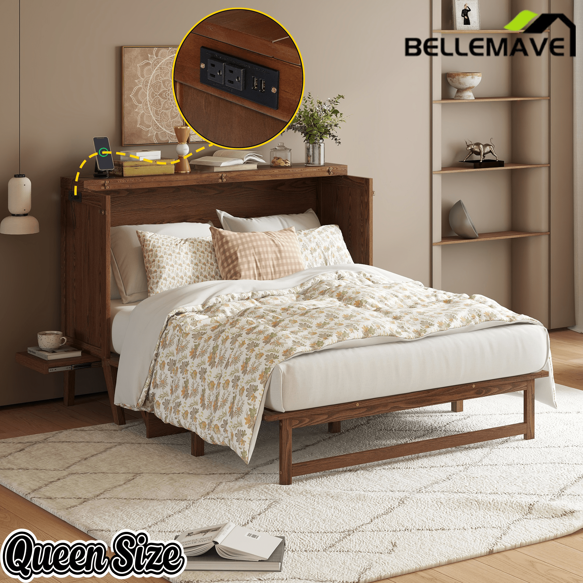 Bellemave® Murphy Bed with USB Port and Desk, Platform Bed with Removable Shelves on Each Side, Wood Frame - Bellemave