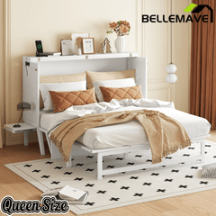 Bellemave® Murphy Bed with USB Port and Desk, Platform Bed with Removable Shelves on Each Side, Wood Frame - Bellemave