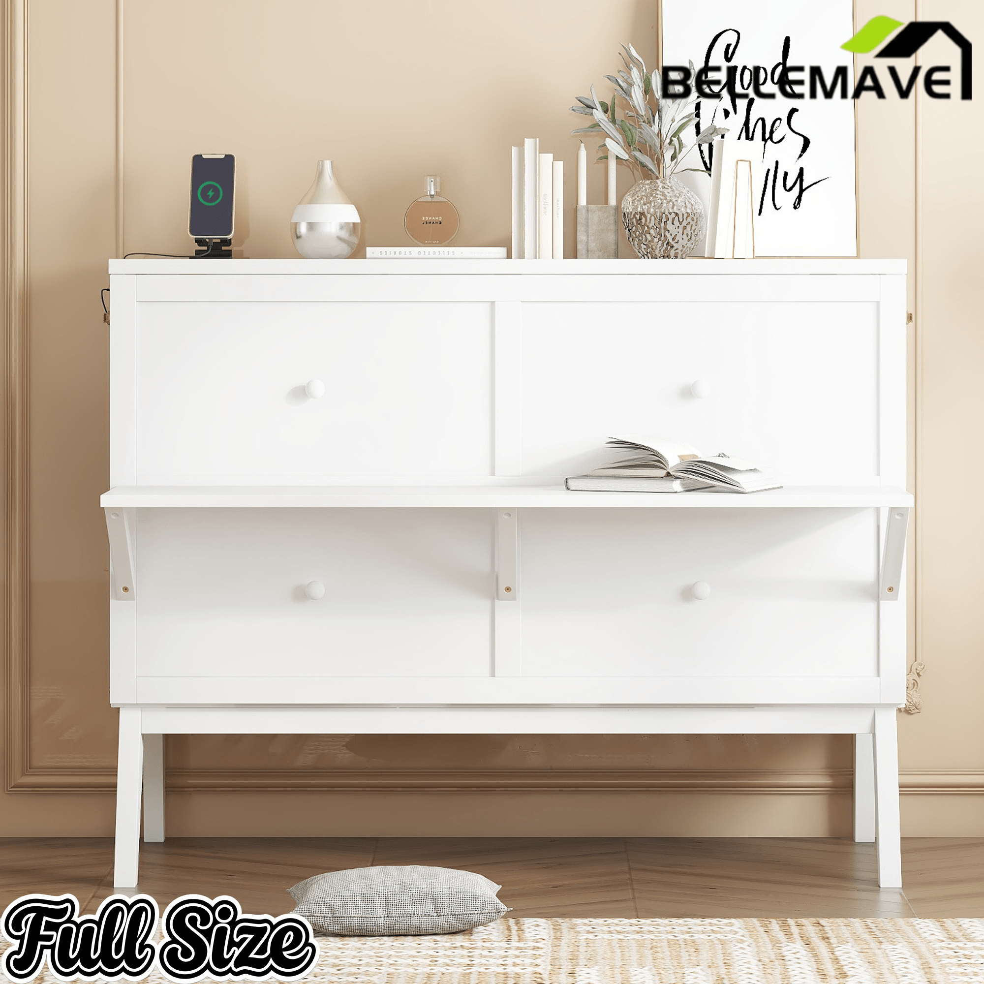 Bellemave® Murphy Bed with USB Port and Desk, Platform Bed with Removable Shelves on Each Side, Wood Frame - Bellemave