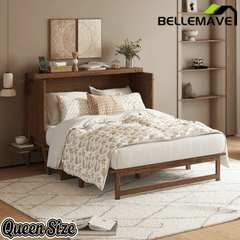 Bellemave® Murphy Bed with USB Port and Desk, Platform Bed with Removable Shelves on Each Side, Wood Frame - Bellemave