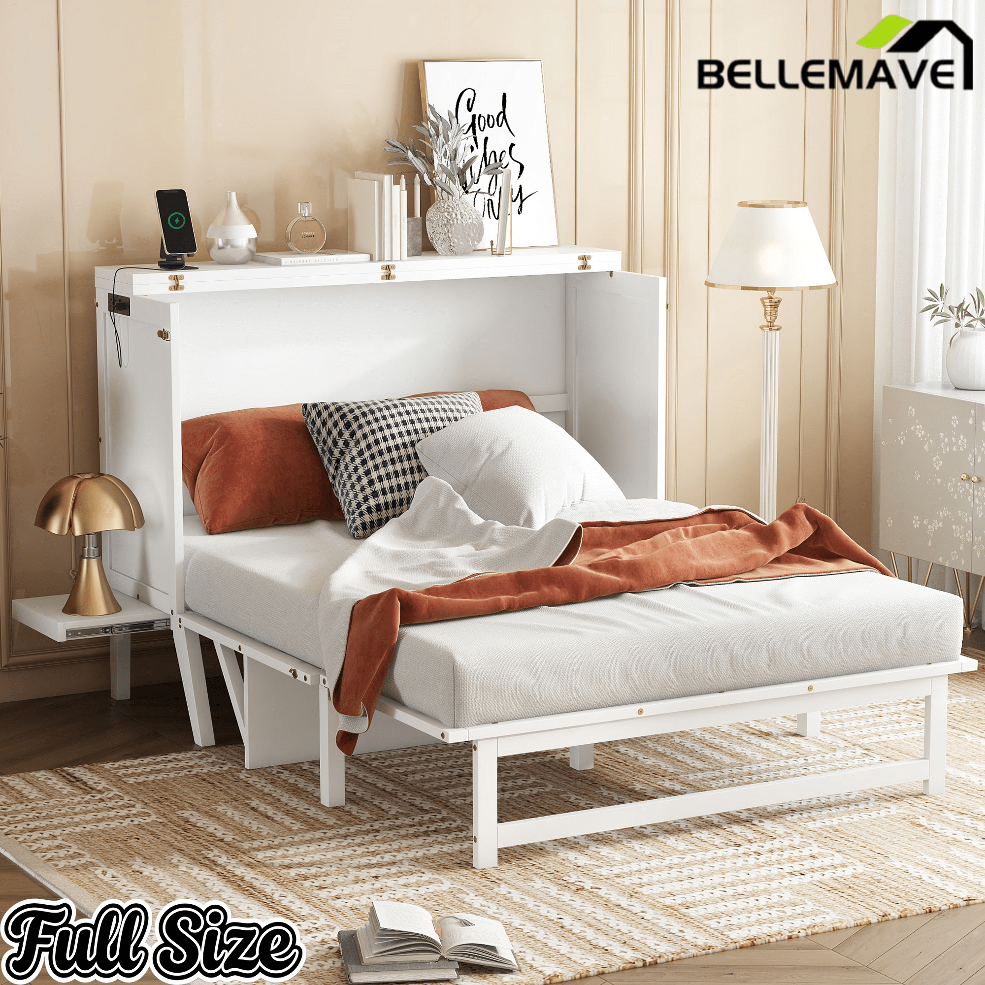 Bellemave® Murphy Bed with USB Port and Desk, Platform Bed with Removable Shelves on Each Side, Wood Frame - Bellemave