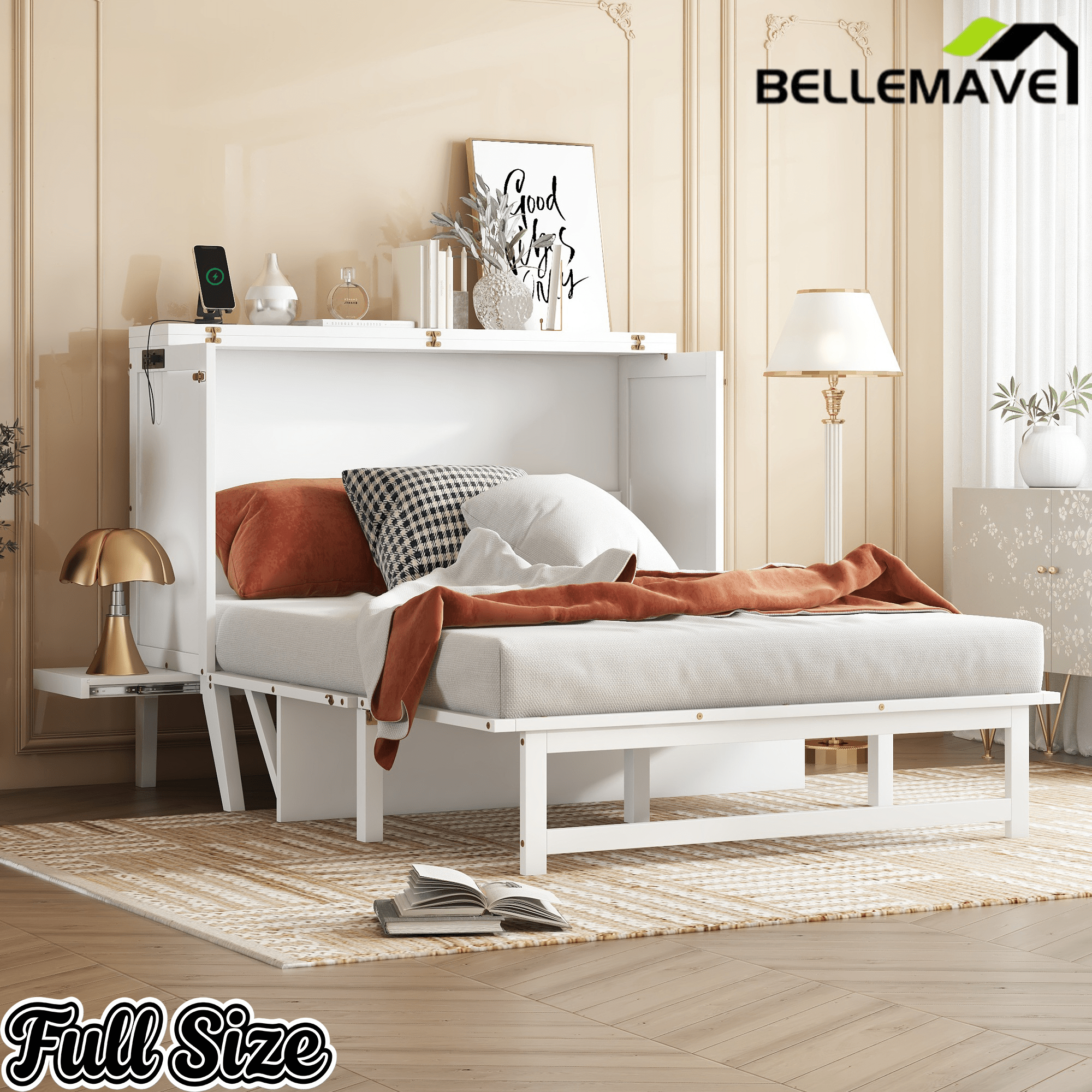 Bellemave® Murphy Bed with USB Port and Desk, Platform Bed with Removable Shelves on Each Side, Wood Frame - Bellemave
