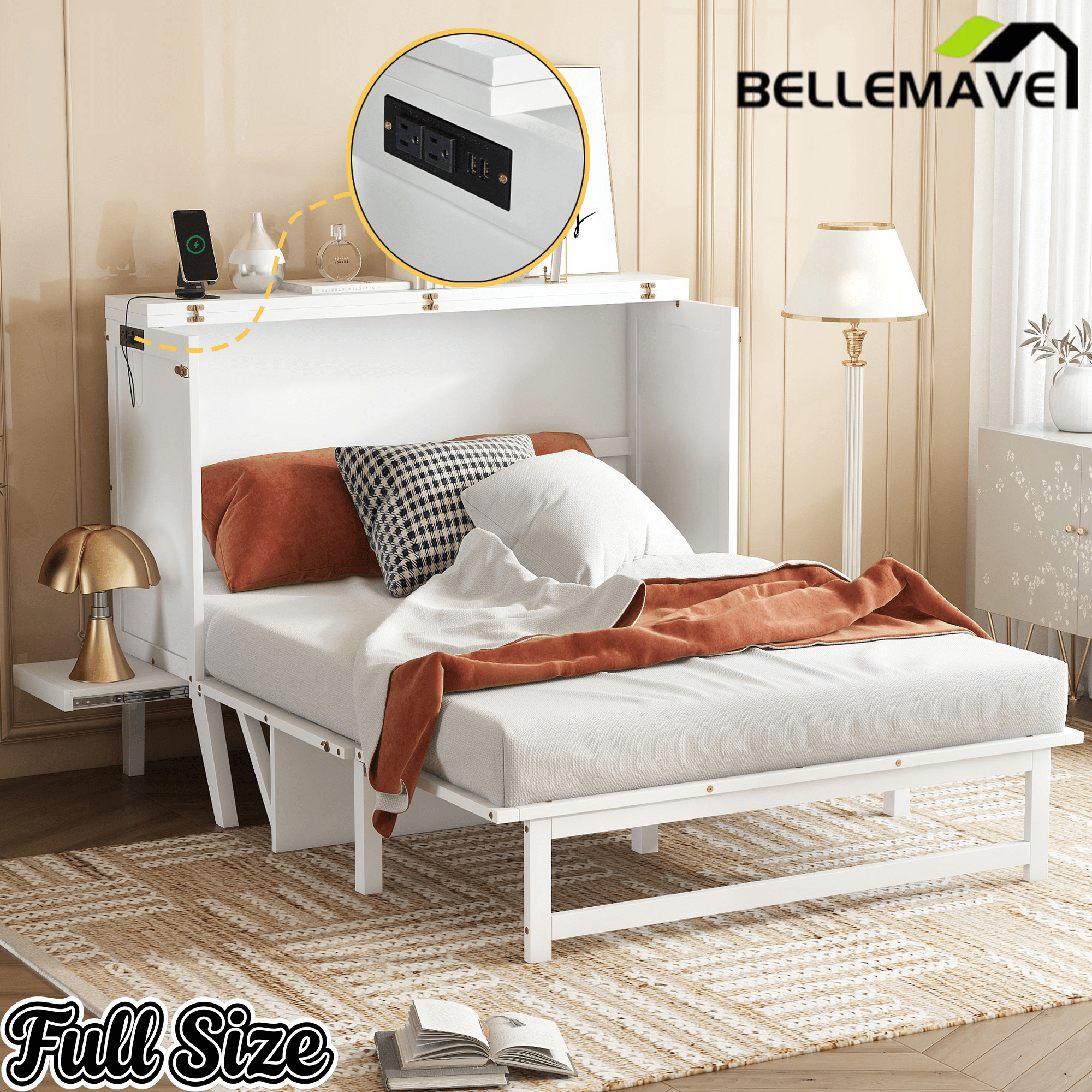 Bellemave® Murphy Bed with USB Port and Desk, Platform Bed with Removable Shelves on Each Side, Wood Frame - Bellemave