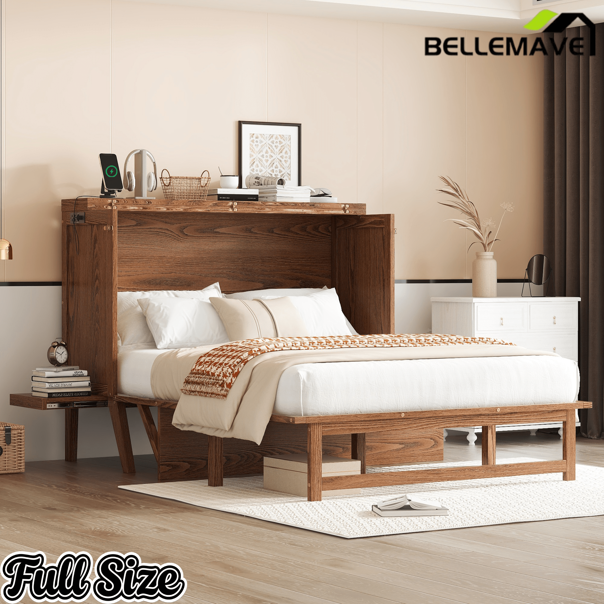 Bellemave® Murphy Bed with USB Port and Desk, Platform Bed with Removable Shelves on Each Side, Wood Frame - Bellemave