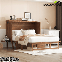 Bellemave® Murphy Bed with USB Port and Desk, Platform Bed with Removable Shelves on Each Side, Wood Frame - Bellemave