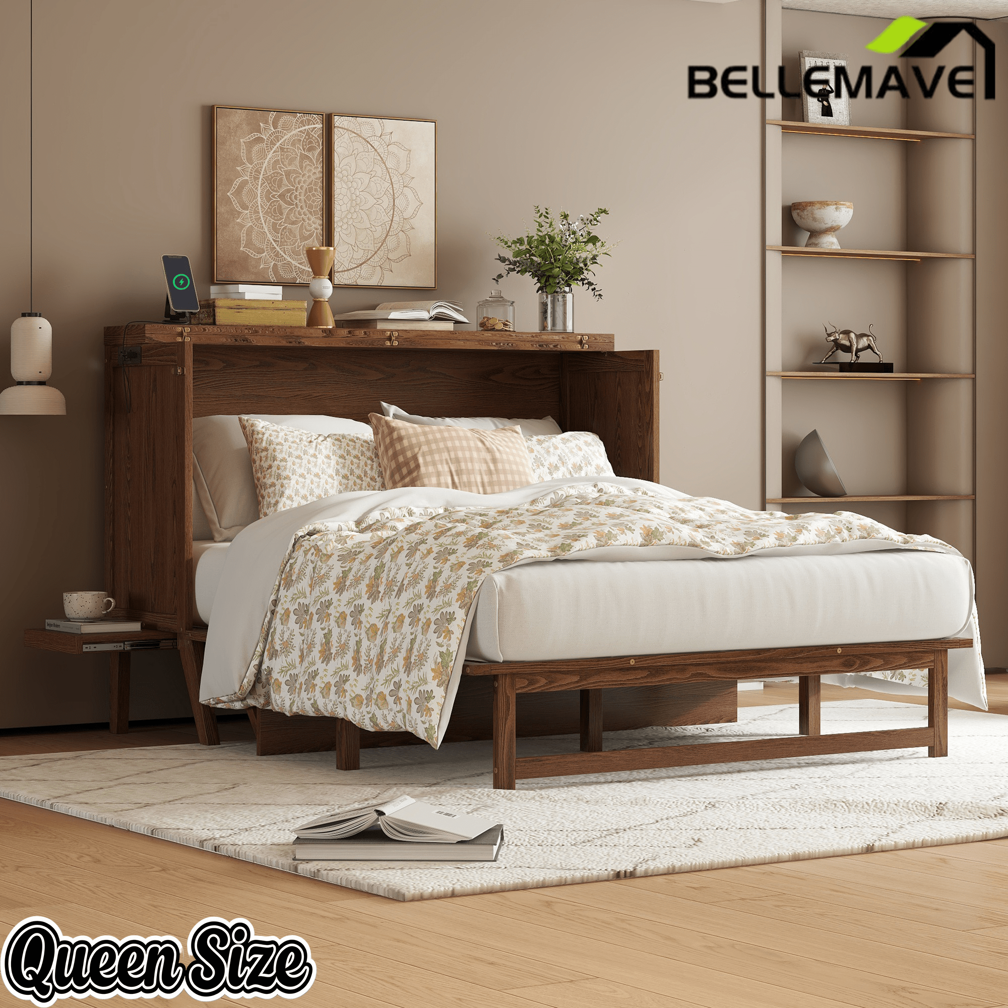 Bellemave® Murphy Bed with USB Port and Desk, Platform Bed with Removable Shelves on Each Side, Wood Frame - Bellemave