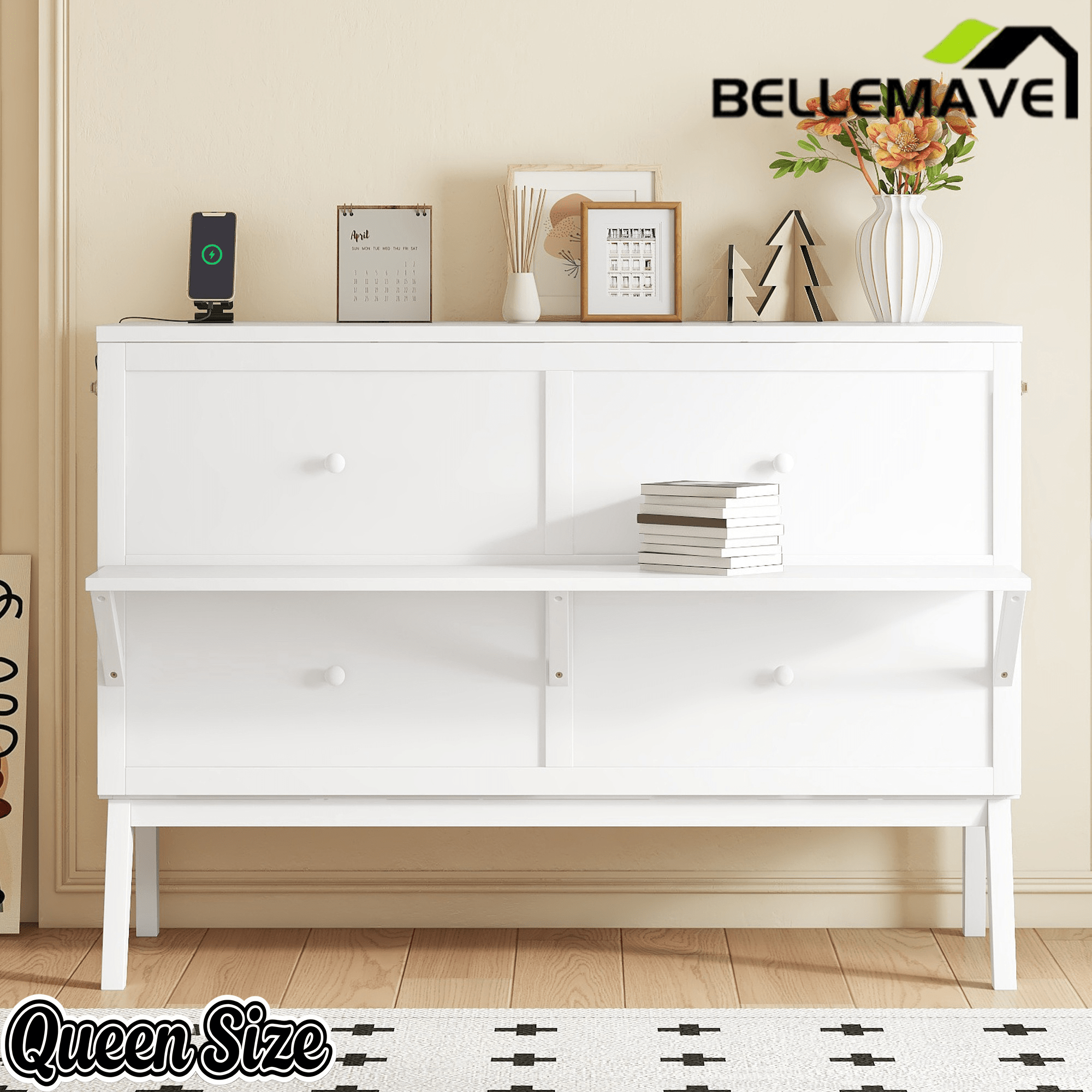 Bellemave® Murphy Bed with USB Port and Desk, Platform Bed with Removable Shelves on Each Side, Wood Frame - Bellemave