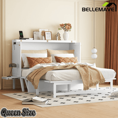 Bellemave® Murphy Bed with USB Port and Desk, Platform Bed with Removable Shelves on Each Side, Wood Frame - Bellemave