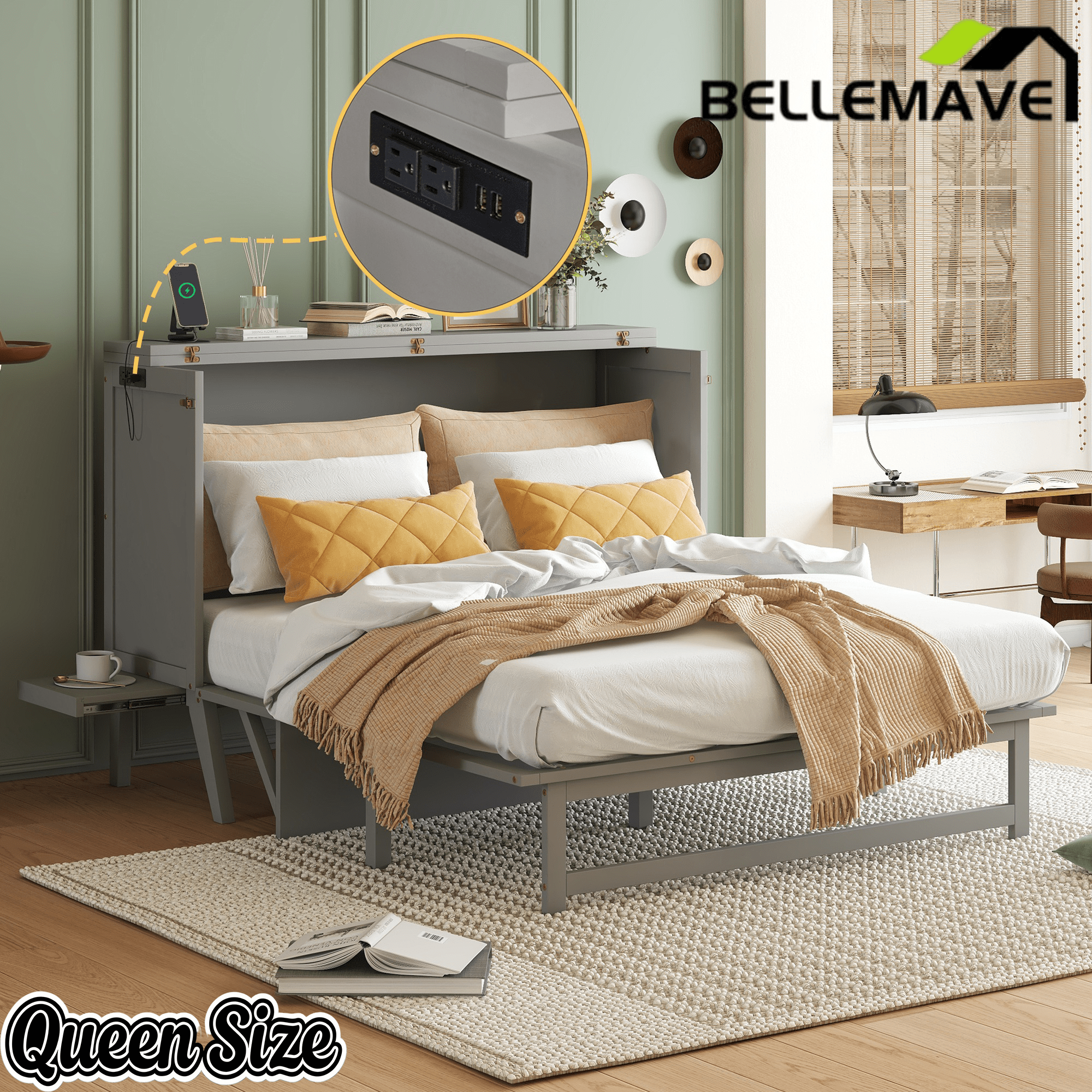 Bellemave® Murphy Bed with USB Port and Desk, Platform Bed with Removable Shelves on Each Side, Wood Frame - Bellemave