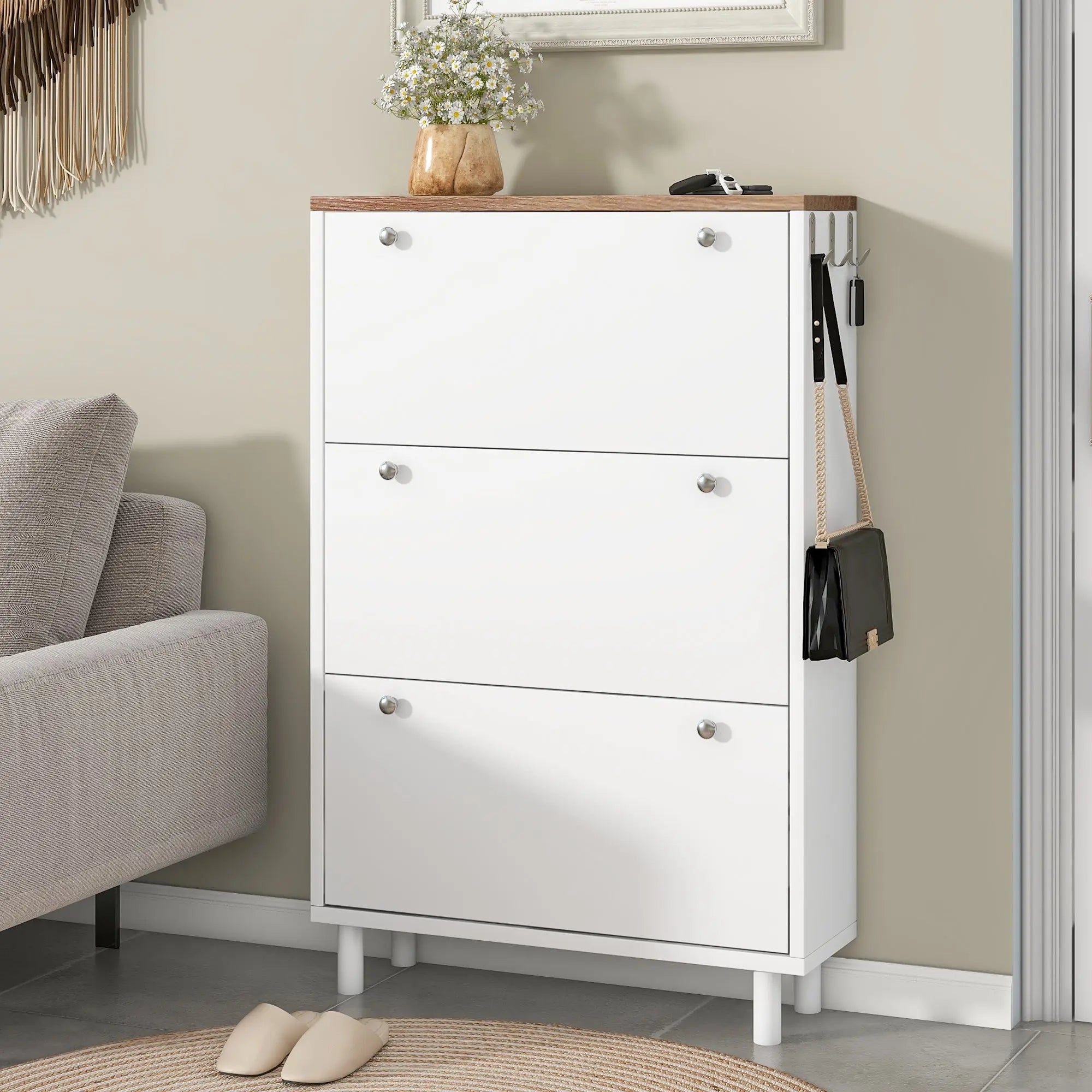 Bellemave® Narrow Design Shoe Cabinet with 3 Flip Drawers,3 Hooks and Adjustable Panel - Bellemave