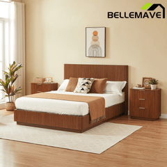 Bellemave® Nightstand Set of 2, 3 - Drawer Dresser with Curved Wave Design, Walnut Bedroom Side Table - Bellemave