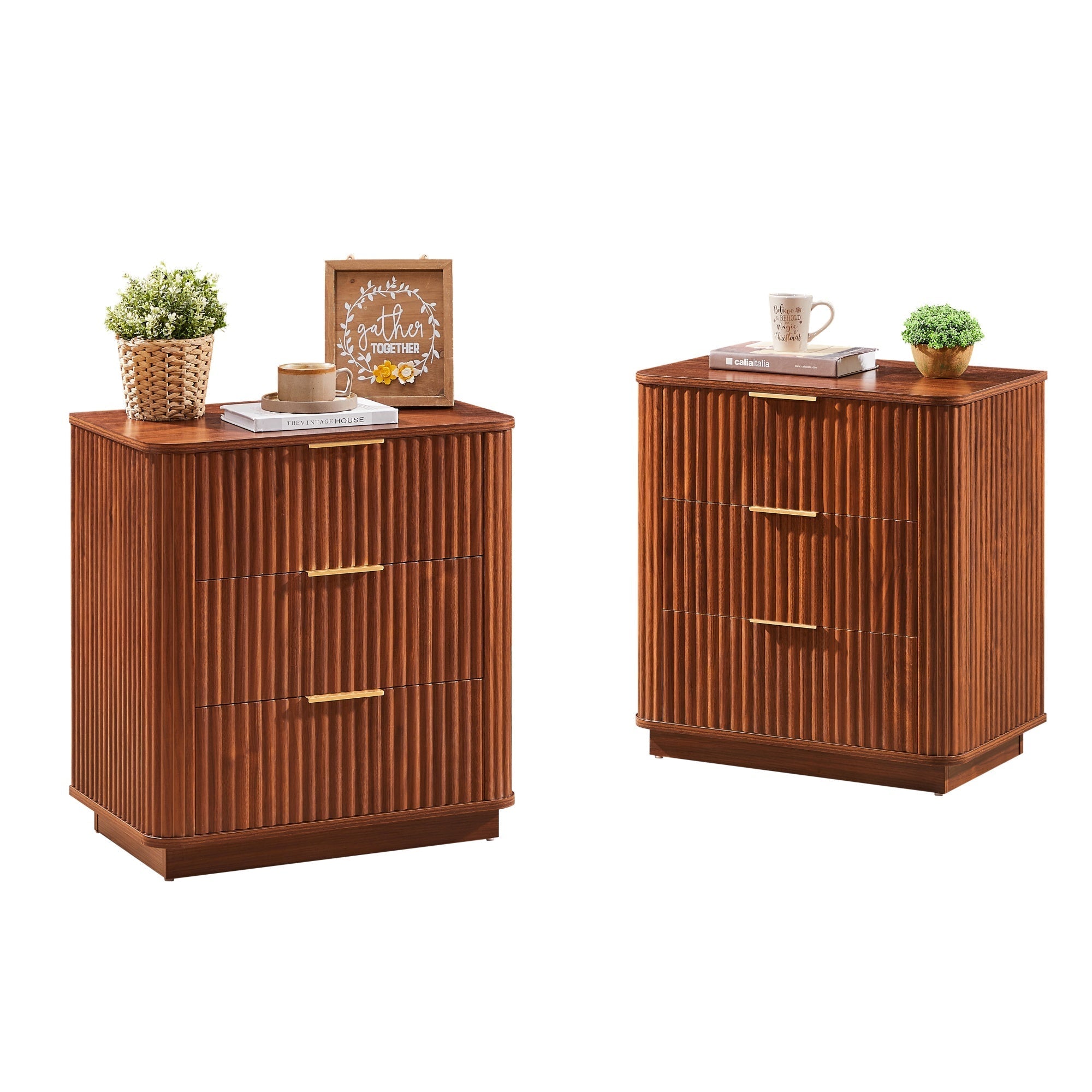 Bellemave® Nightstand Set of 2, 3 - Drawer Dresser with Curved Wave Design, Walnut Bedroom Side Table - Bellemave