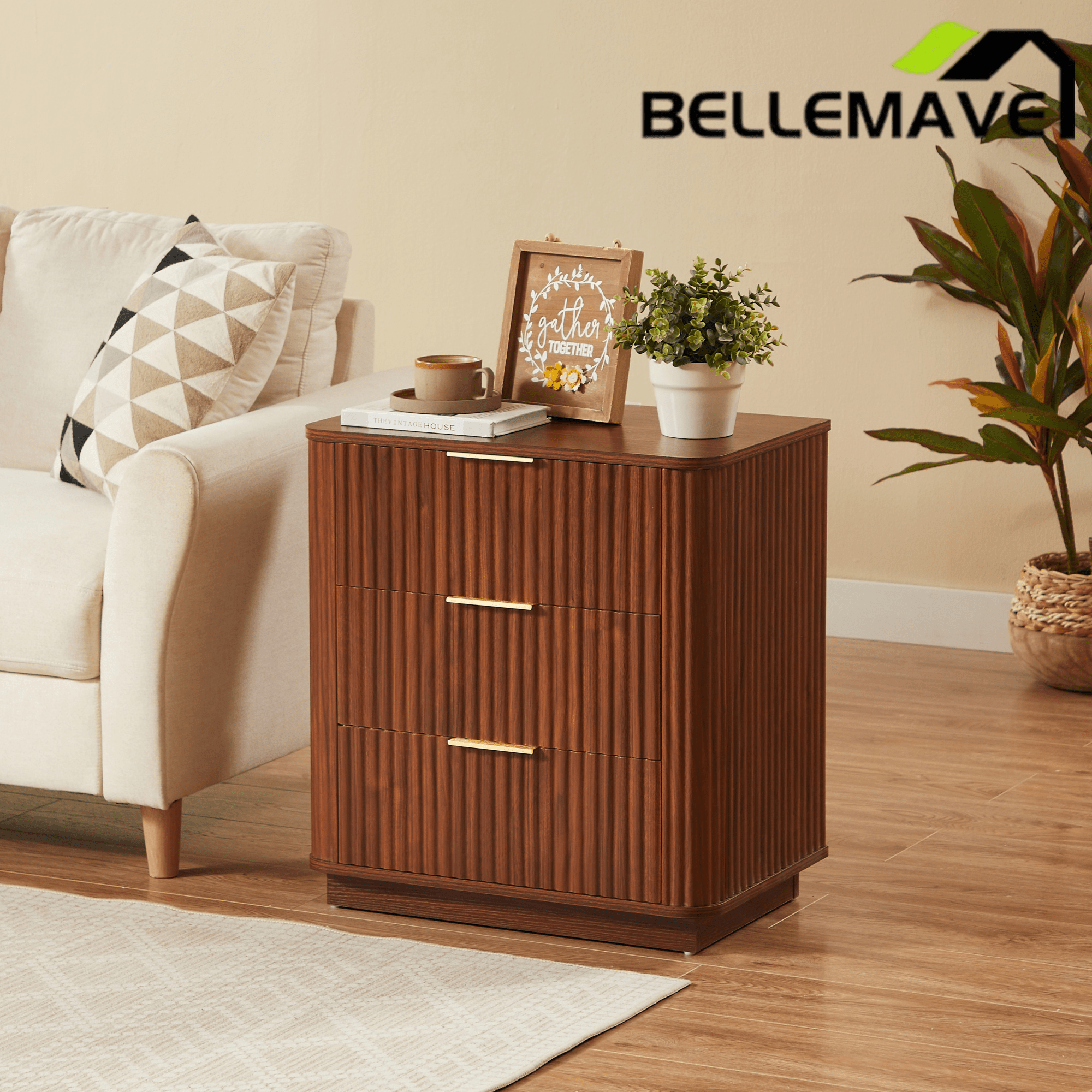 Bellemave® Nightstand Set of 2, 3 - Drawer Dresser with Curved Wave Design, Walnut Bedroom Side Table - Bellemave