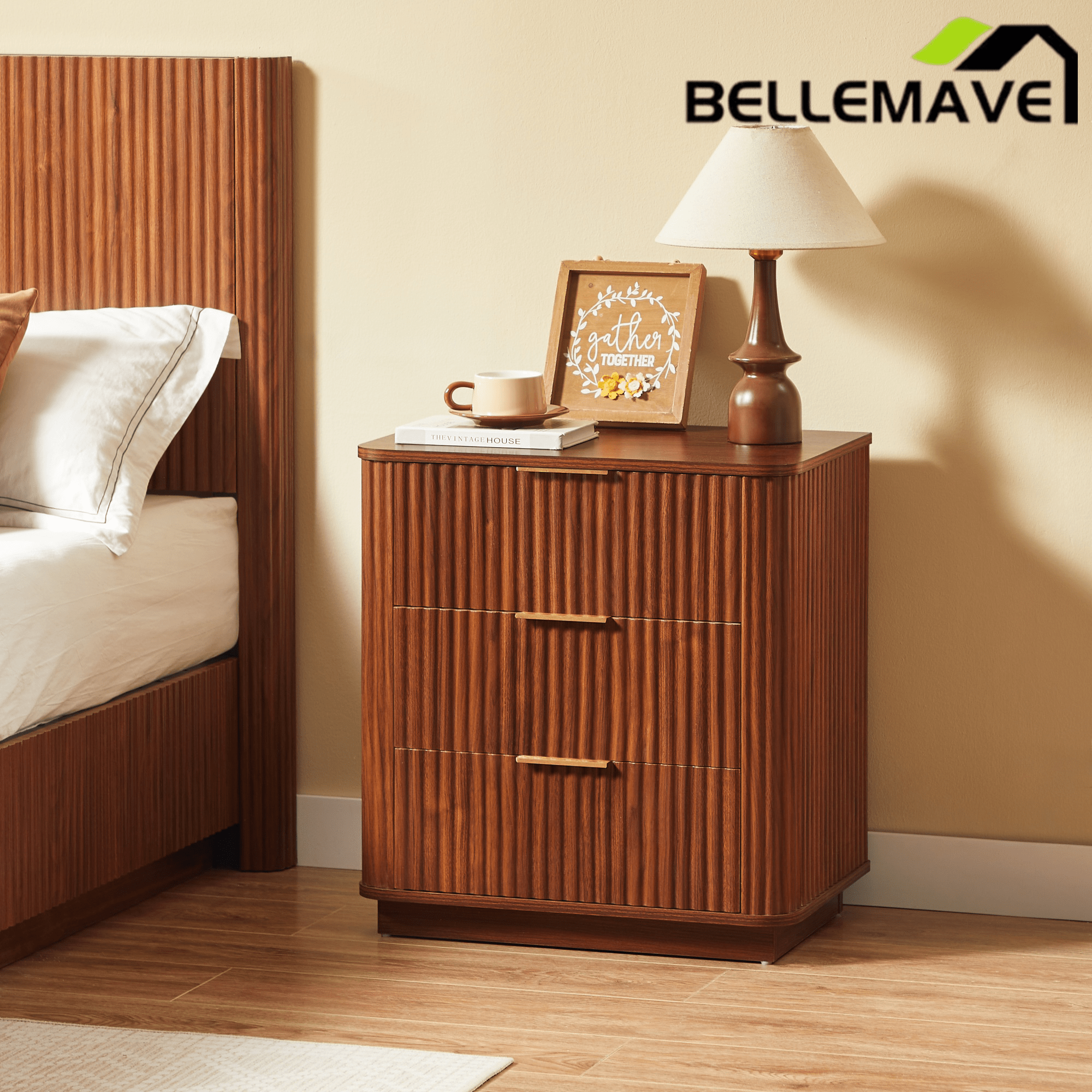 Bellemave® Nightstand Set of 2, 3 - Drawer Dresser with Curved Wave Design, Walnut Bedroom Side Table - Bellemave