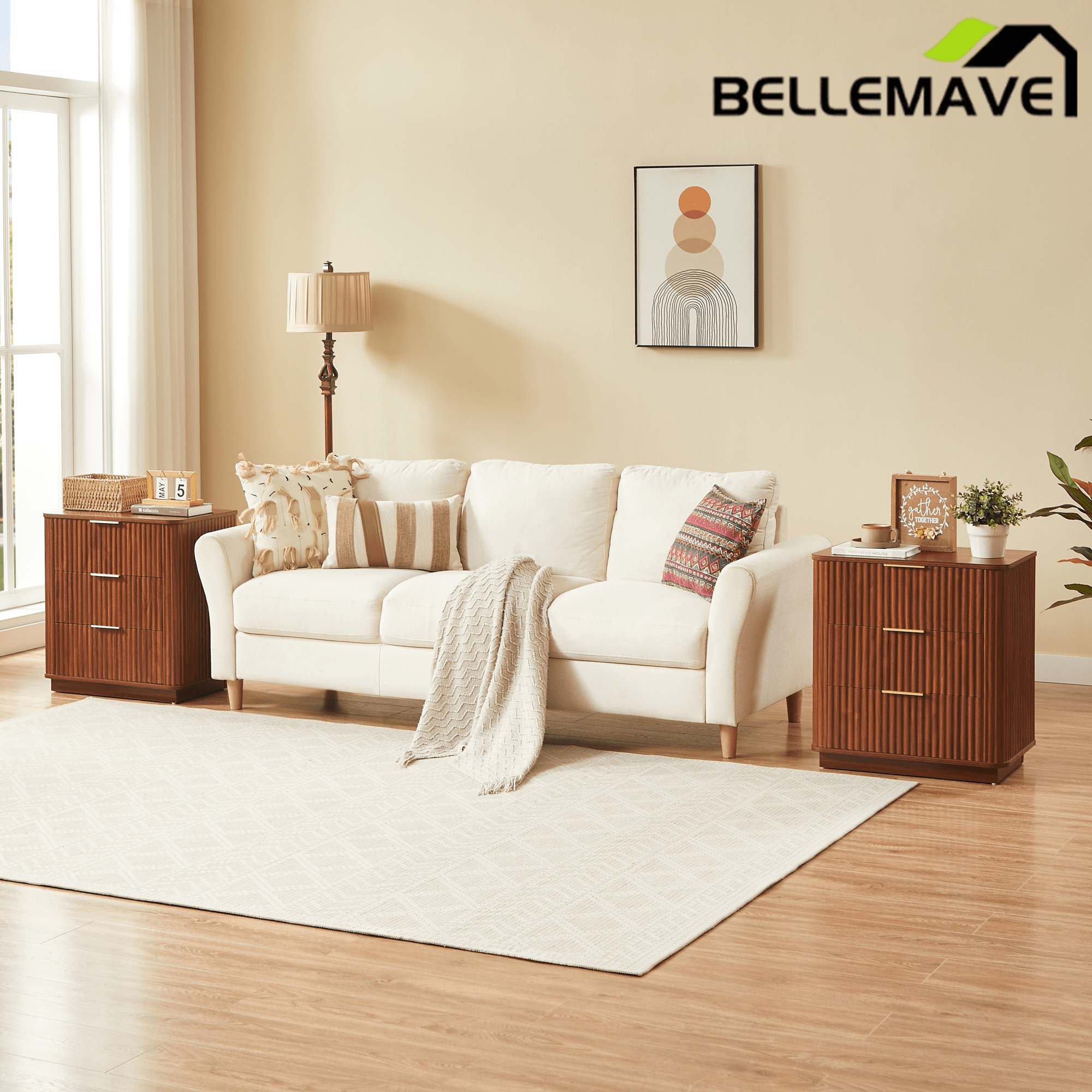 Bellemave® Nightstand Set of 2, 3 - Drawer Dresser with Curved Wave Design, Walnut Bedroom Side Table - Bellemave