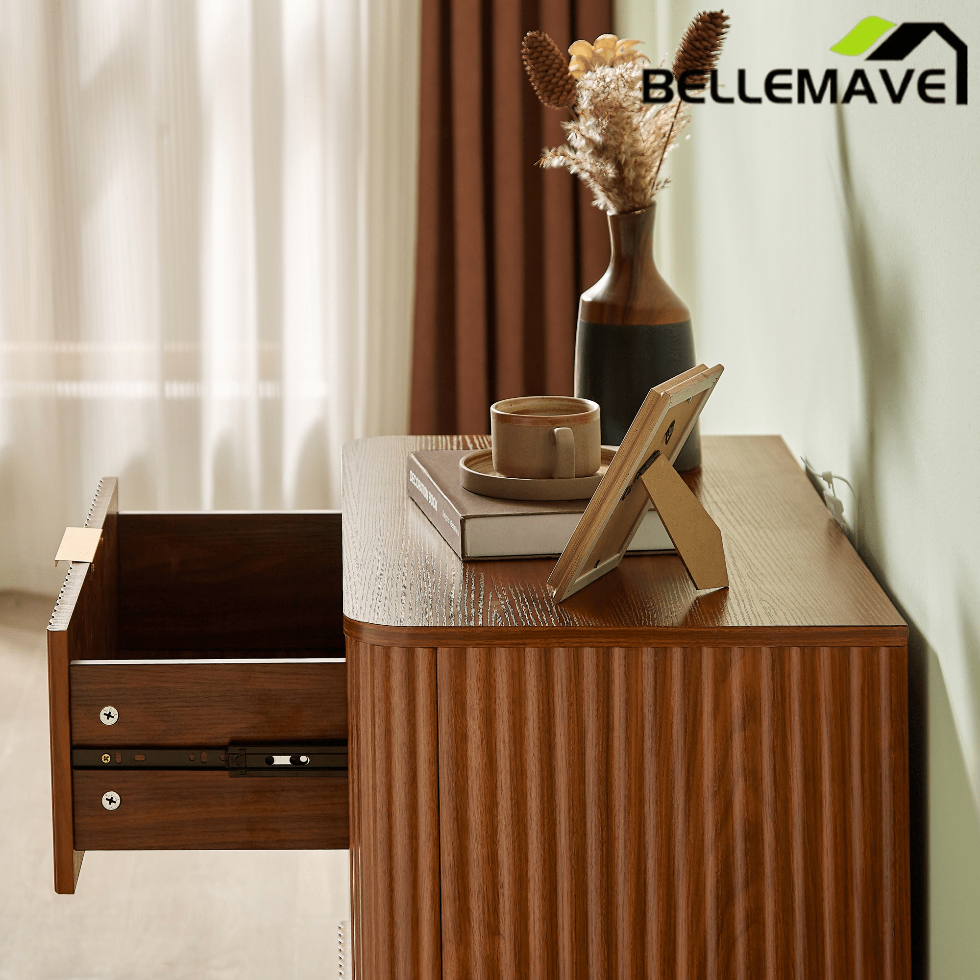 Bellemave® Nightstand Set of 2, 3 - Drawer Dresser with Curved Wave Design, Walnut Bedroom Side Table - Bellemave
