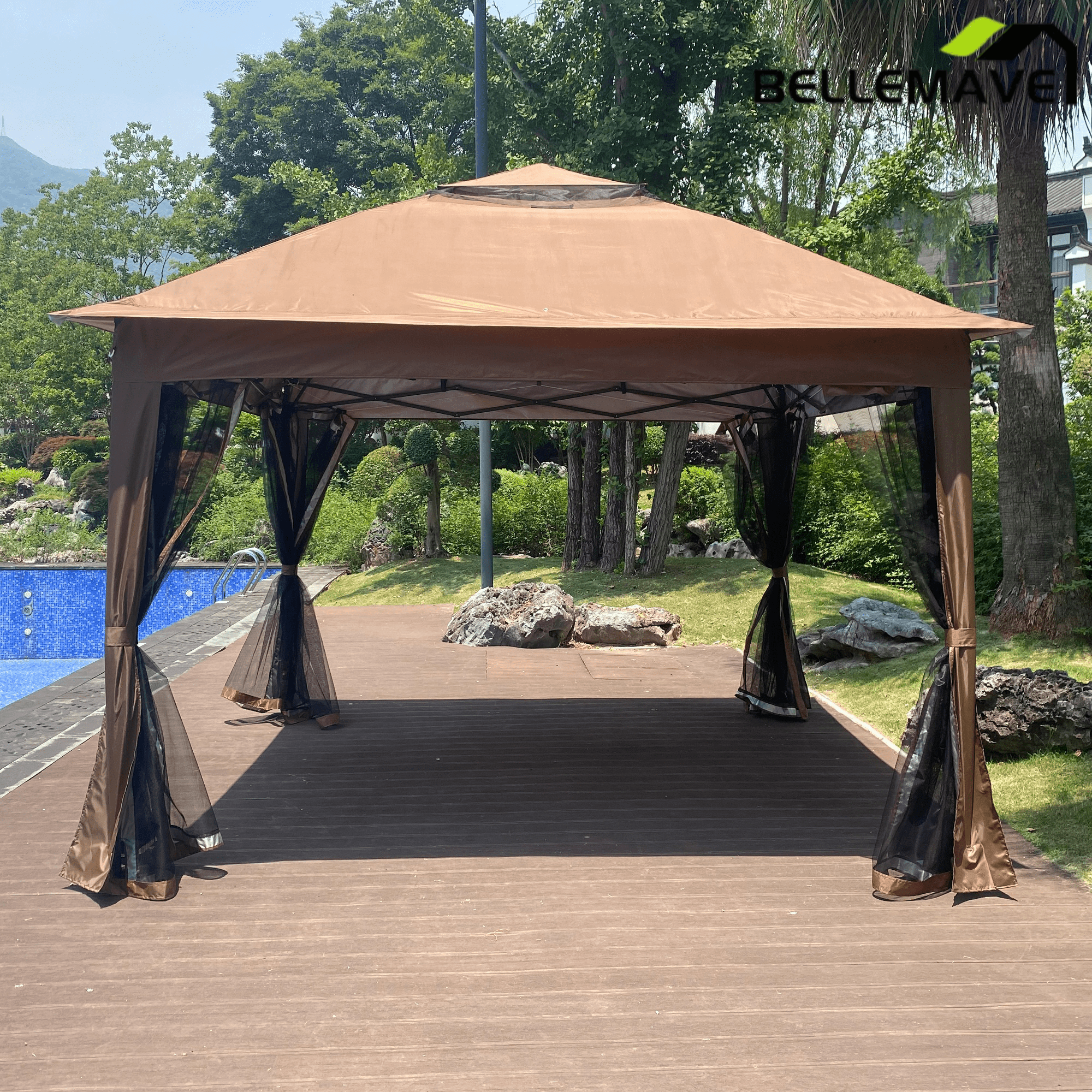 Bellemave® Outdoor 11x 11Ft Pop Up Gazebo Canopy with Removable Zipper Netting,2 - Tier Soft Top Event Tent & 4 Sandbags - Bellemave