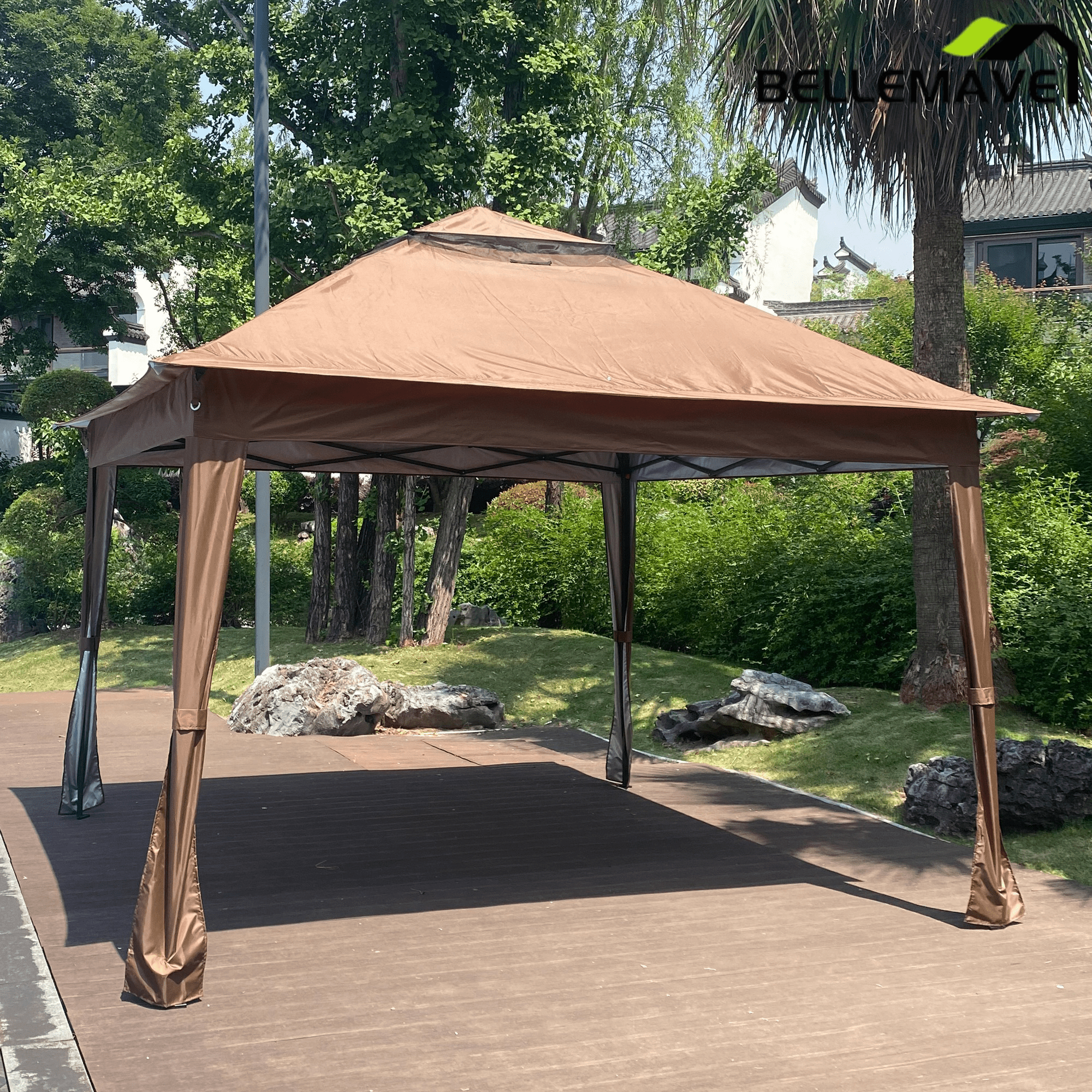 Bellemave® Outdoor 11x 11Ft Pop Up Gazebo Canopy with Removable Zipper Netting,2 - Tier Soft Top Event Tent & 4 Sandbags - Bellemave