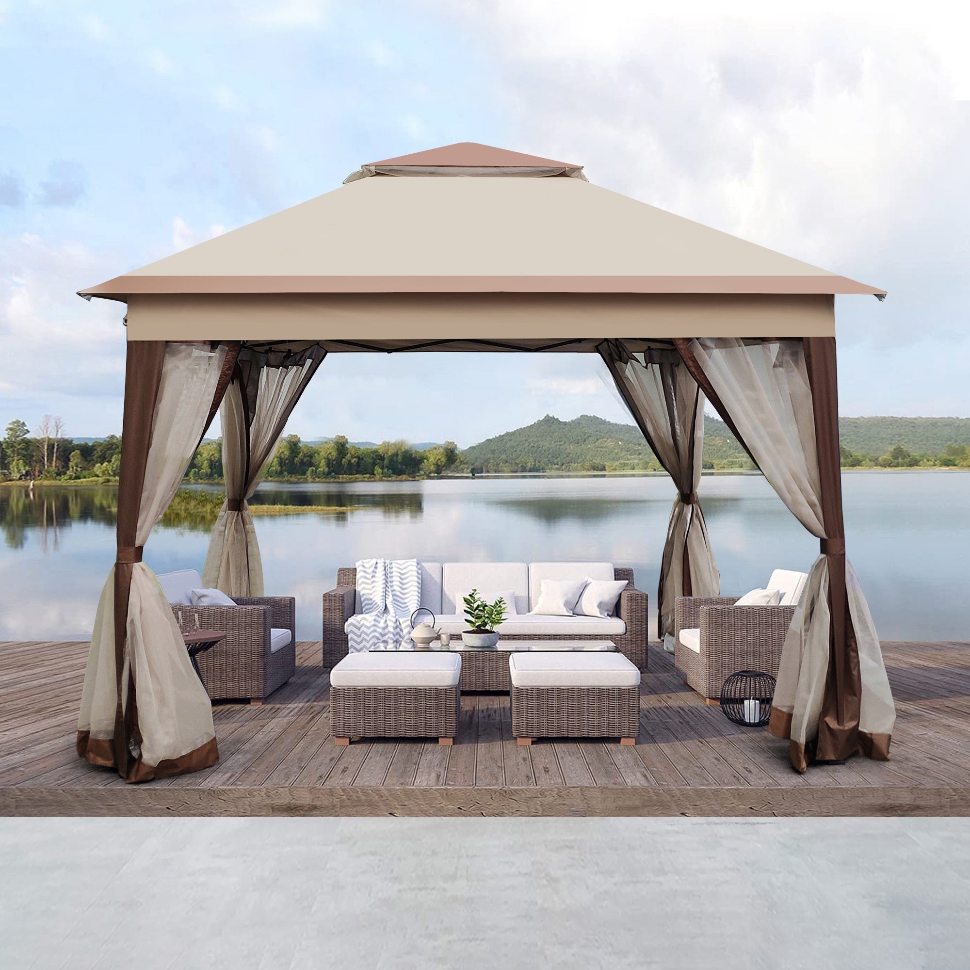 Bellemave® Outdoor 11x 11Ft Pop Up Gazebo Canopy with Removable Zipper Netting,2 - Tier Soft Top Event Tent & 4 Sandbags - Bellemave