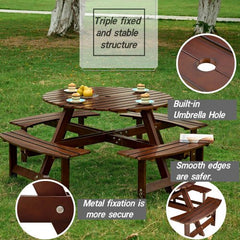 Bellemave® Outdoor 8 Person Round Picnic Table Set with 4 Built - in Benches, Umbrella Hole, Outside Table - Bellemave