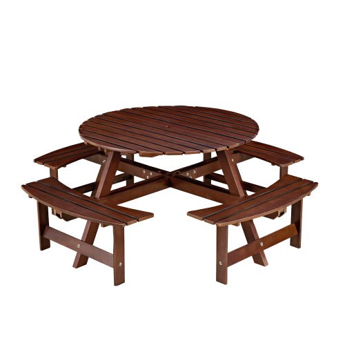Bellemave® Outdoor 8 Person Round Picnic Table Set with 4 Built - in Benches, Umbrella Hole, Outside Table - Bellemave